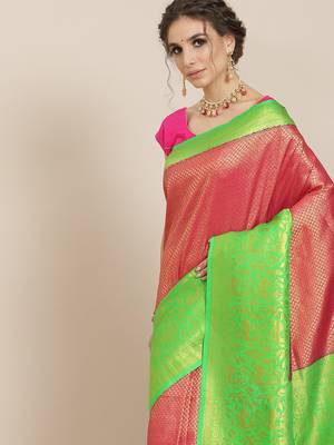 Pink color Kanjivaram semi silk saree with unstitched blouse 2