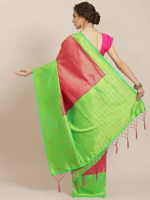 Pink color Kanjivaram semi silk saree with unstitched blouse 3