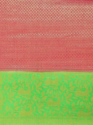 Pink color Kanjivaram semi silk saree with unstitched blouse 4