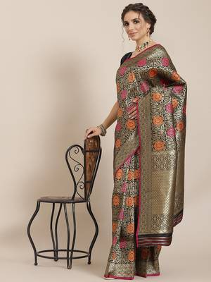 Black color Kanjivaram semi silk saree with unstitched blouse 1