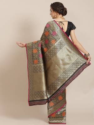 Black color Kanjivaram semi silk saree with unstitched blouse 2