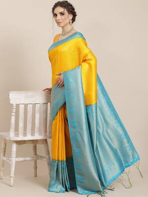 Yellow color Kanjivaram semi silk saree with unstitched blouse 1