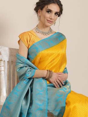 Yellow color Kanjivaram semi silk saree with unstitched blouse 2