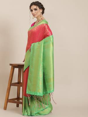 Pink color Kanjivaram semi silk saree with unstitched blouse 1