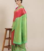 Pink color Kanjivaram semi silk saree with unstitched blouse