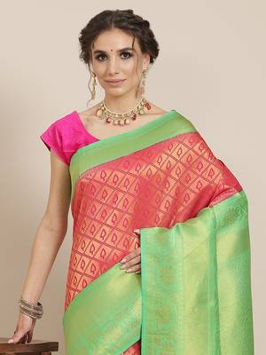 Pink color Kanjivaram semi silk saree with unstitched blouse 2