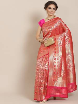 Pink color Kanjivaram semi silk saree with unstitched blouse 1