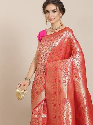 Pink color Kanjivaram semi silk saree with unstitched blouse 2