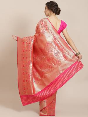 Pink color Kanjivaram semi silk saree with unstitched blouse 3