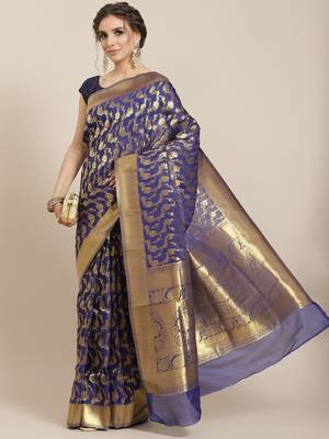 Blue color Kanjivaram semi silk saree with unstitched blouse 1
