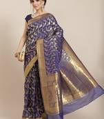 Blue color Kanjivaram semi silk saree with unstitched blouse