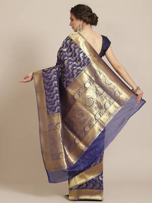 Blue color Kanjivaram semi silk saree with unstitched blouse 3