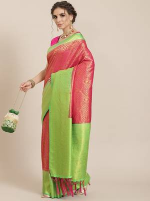 Pink color Kanjivaram semi silk saree with unstitched blouse 1