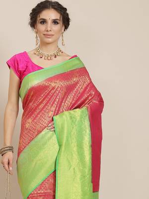 Pink color Kanjivaram semi silk saree with unstitched blouse 2
