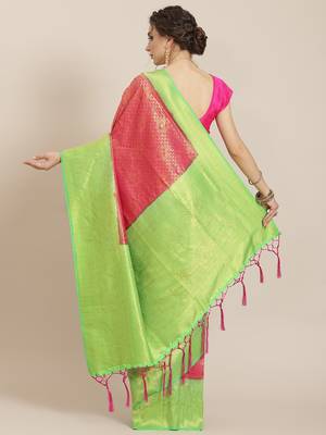 Pink color Kanjivaram semi silk saree with unstitched blouse 3