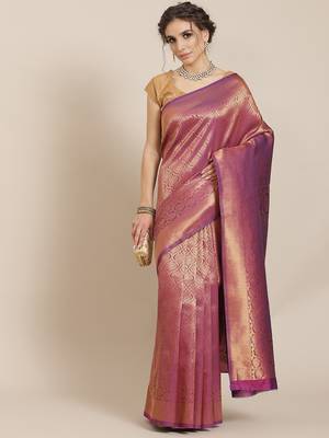 Violet color Kanjivaram semi silk saree with unstitched blouse 1