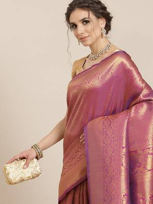 Violet color Kanjivaram semi silk saree with unstitched blouse 2