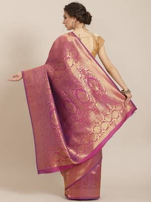 Violet color Kanjivaram semi silk saree with unstitched blouse 3