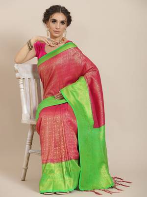 Pink color Kanjivaram semi silk saree with unstitched blouse 1