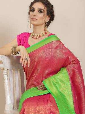 Pink color Kanjivaram semi silk saree with unstitched blouse 2