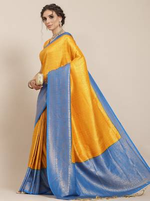 Yellow color Kanjivaram semi silk saree with unstitched blouse 1