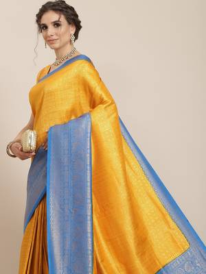 Yellow color Kanjivaram semi silk saree with unstitched blouse 2