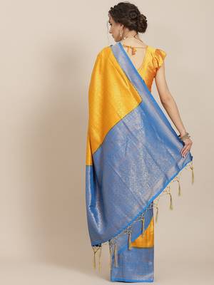 Yellow color Kanjivaram semi silk saree with unstitched blouse 3