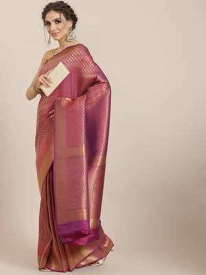 Violet color Kanjivaram semi silk saree with unstitched blouse 1