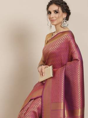 Violet color Kanjivaram semi silk saree with unstitched blouse 2