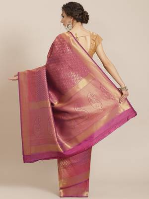 Violet color Kanjivaram semi silk saree with unstitched blouse 3