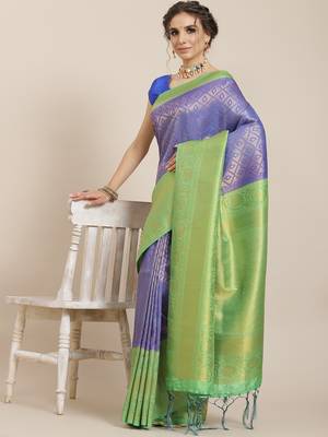 Blue color Kanjivaram semi silk saree with unstitched blouse 1