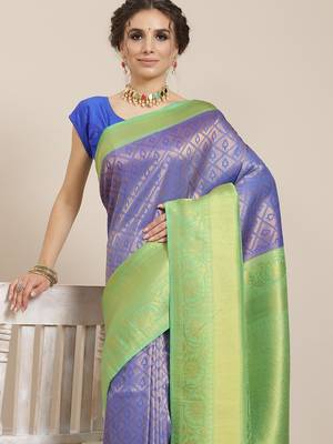 Blue color Kanjivaram semi silk saree with unstitched blouse 2