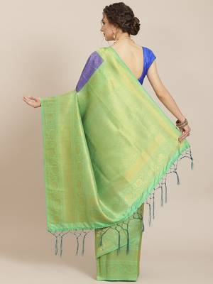 Blue color Kanjivaram semi silk saree with unstitched blouse 3