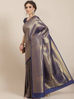 Blue color Kanjivaram semi silk saree with unstitched blouse 1