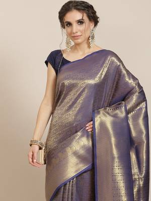 Blue color Kanjivaram semi silk saree with unstitched blouse 2