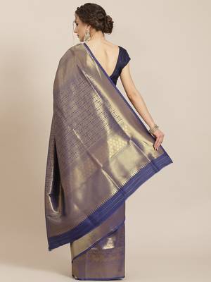 Blue color Kanjivaram semi silk saree with unstitched blouse 3