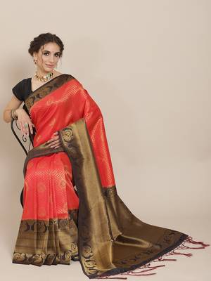 Red color Kanjivaram semi silk saree with unstitched blouse 1
