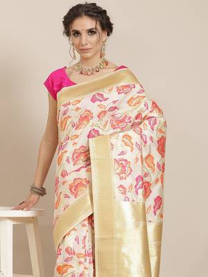 White color Kanjivaram semi silk saree with unstitched blouse 2