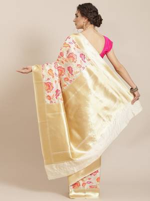 White color Kanjivaram semi silk saree with unstitched blouse 3