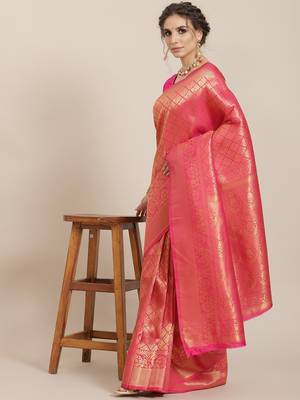 Women's pink color Kanjivaram semi silk saree with unstitched blouse 1