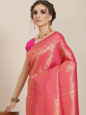 Women's pink color Kanjivaram semi silk saree with unstitched blouse 2