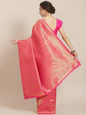 Women's pink color Kanjivaram semi silk saree with unstitched blouse 3