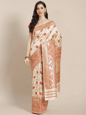 Cream Kanjivaram semi silk saree with unstitched blouse 1