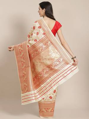 Cream Kanjivaram semi silk saree with unstitched blouse 2