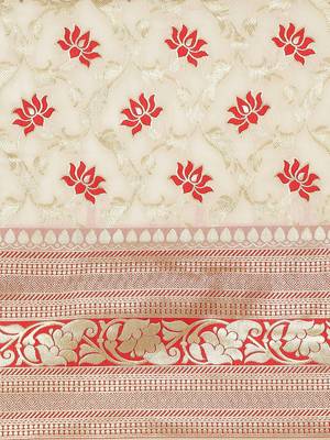 Cream Kanjivaram semi silk saree with unstitched blouse 3