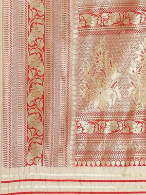 Cream Kanjivaram semi silk saree with unstitched blouse 4