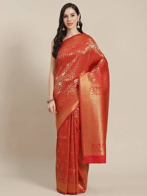 Red Kanjivaram semi silk saree with unstitched blouse 1