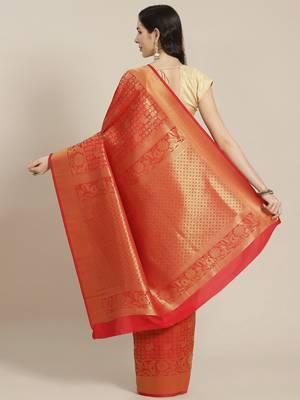 Red Kanjivaram semi silk saree with unstitched blouse 2