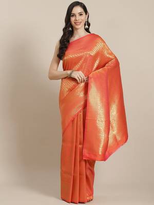 peach Kanjivaram semi silk saree with unstitched blouse 1