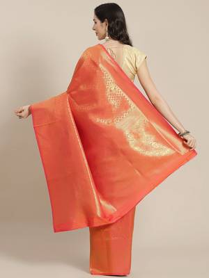 peach Kanjivaram semi silk saree with unstitched blouse 2